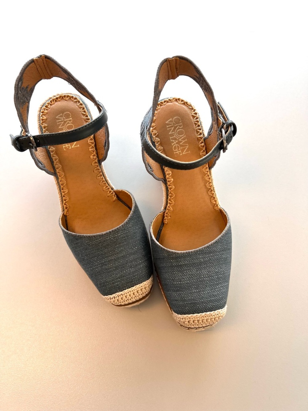 Crown Vintage Gray Canvas Espadrille Wedge Sandals with Black Ankle Strap